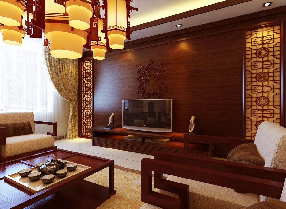 点击大图看下一张：中式客厅窗帘电视背景墙设计方案