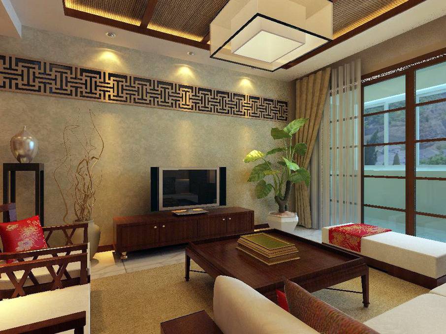 点击大图看下一张：中式客厅电视柜电视背景墙设计案例