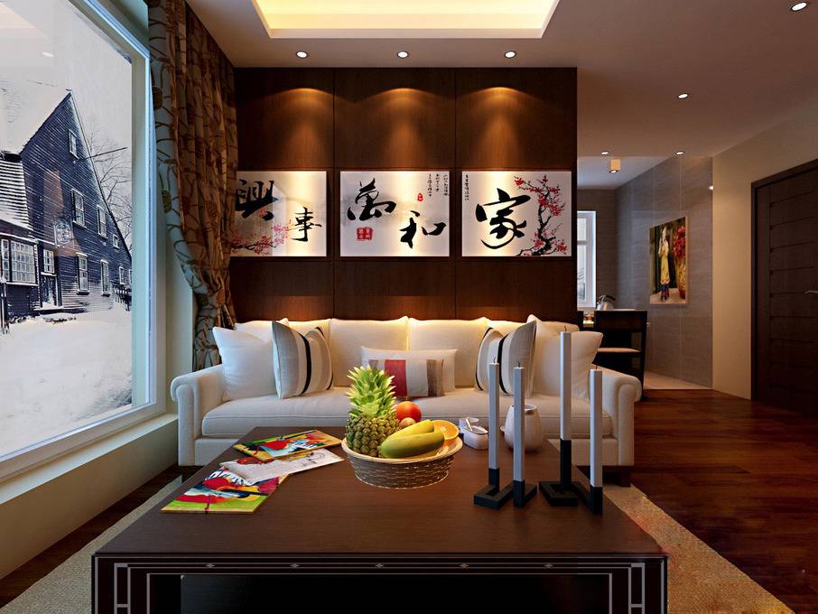 点击大图看下一张：中式客厅隔断背景墙沙发装修效果展示