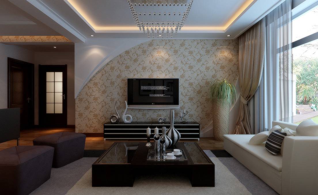 点击大图看下一张：现代客厅吊顶电视背景墙装修效果展示