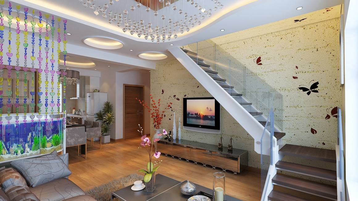 点击大图看下一张：现代客厅楼梯电视背景墙装修案例