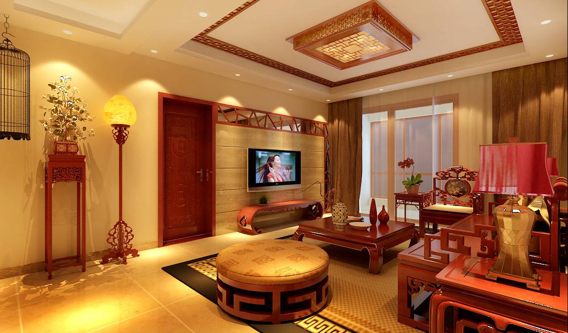 点击大图看下一张：中式客厅吊顶窗帘电视背景墙设计案例