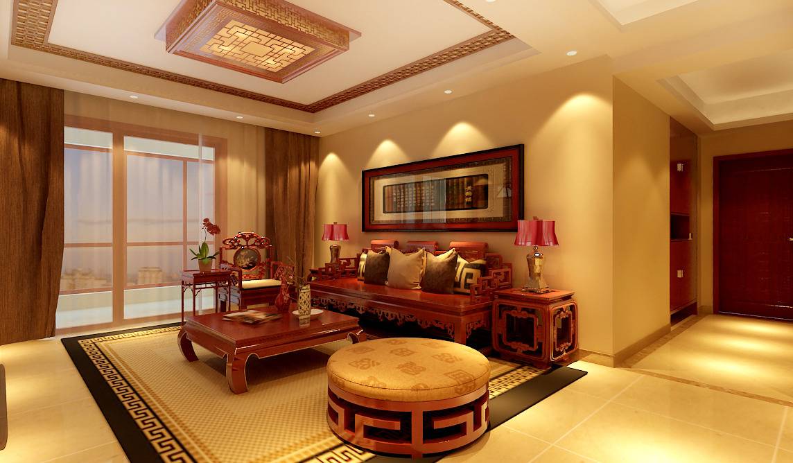 点击大图看下一张：中式客厅吊顶窗帘设计案例展示