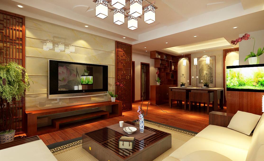 点击大图看下一张:中式客厅吊顶电视背景墙设计案例展示