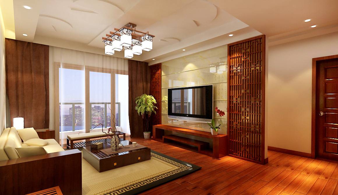 点击大图看下一张：中式客厅吊顶电视背景墙设计案例展示
