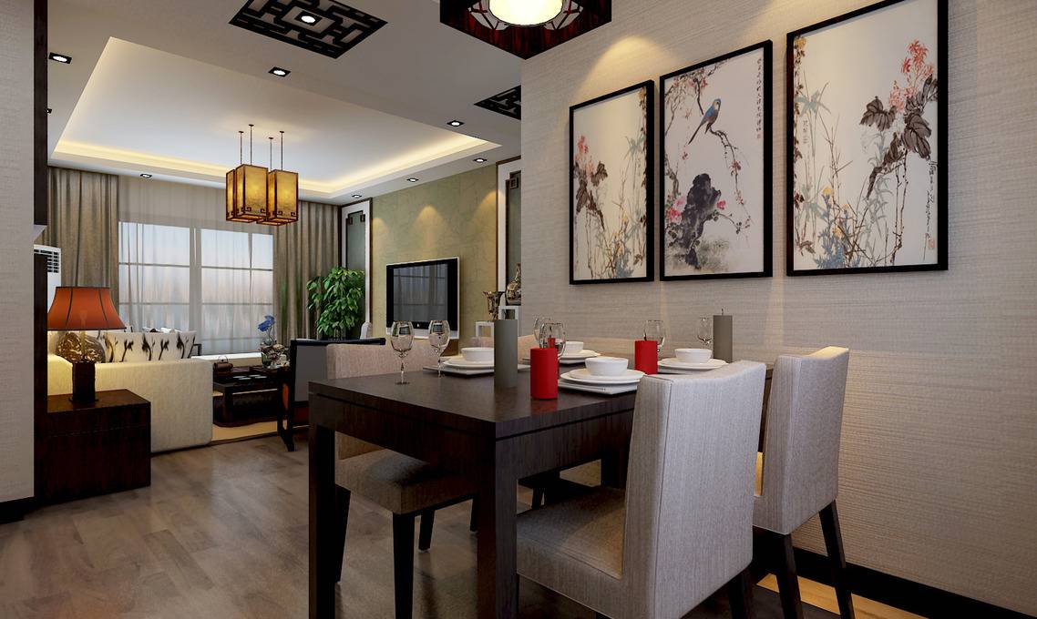 点击大图看下一张：中式餐厅吊顶电视背景墙设计案例展示