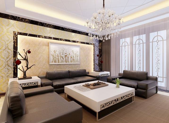 点击大图看下一张：中式中式风格新中式客厅背景墙沙发客厅沙发装修案例