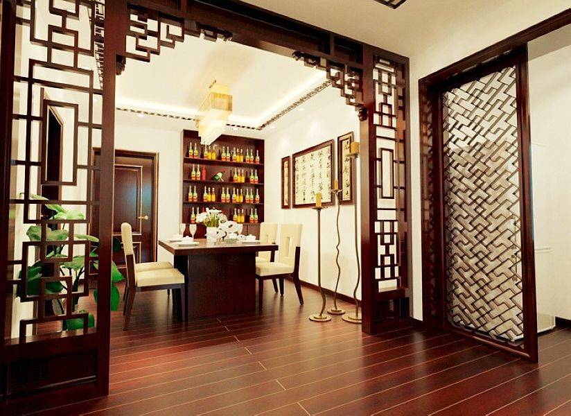 点击大图看下一张：中式中式风格餐厅吊顶酒柜设计案例