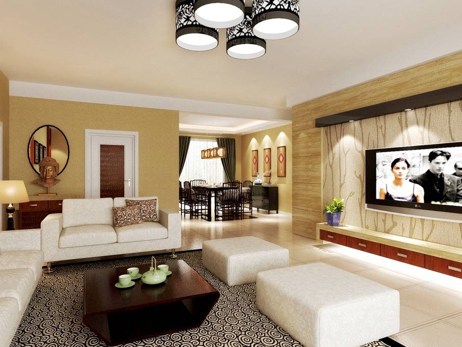 点击大图看下一张：中式客厅背景墙沙发灯具设计案例展示