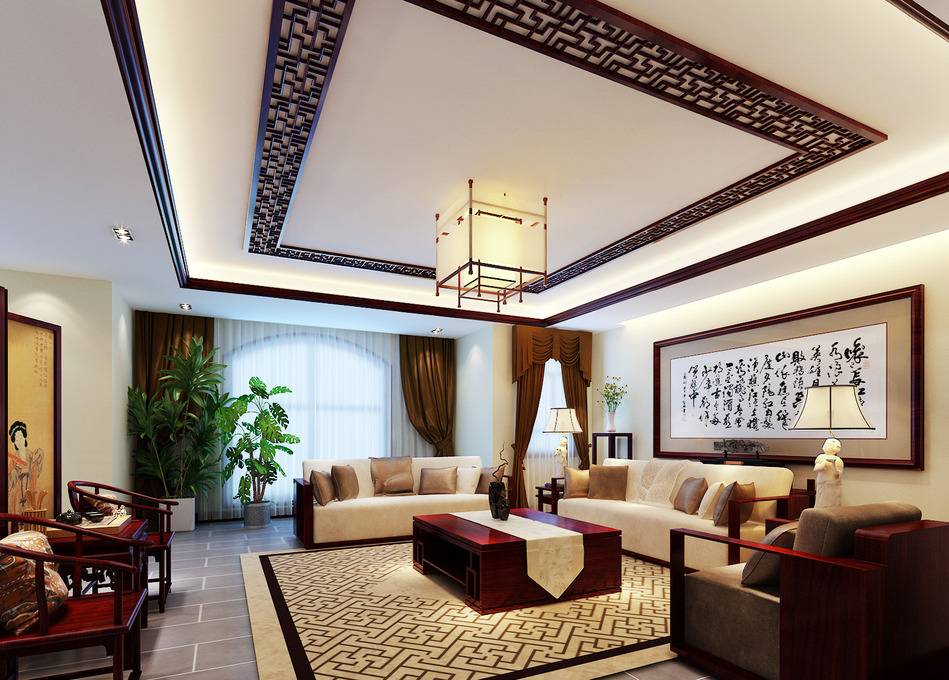 点击大图看下一张：中式客厅吊顶设计案例