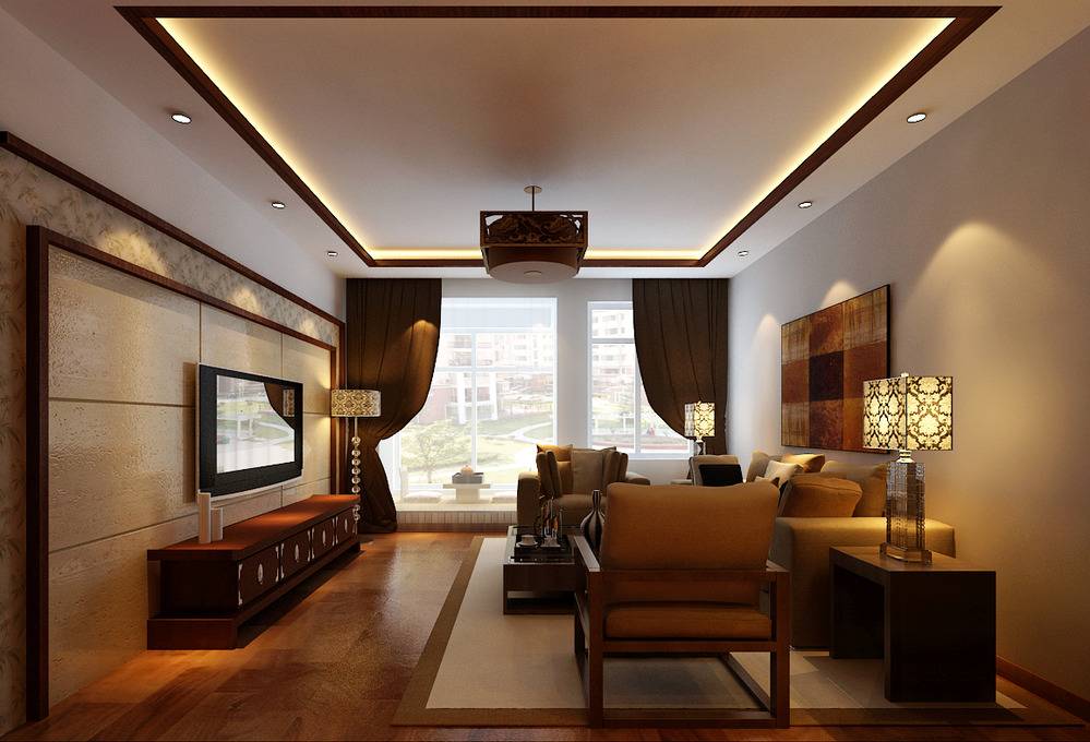 点击大图看下一张：新中式客厅吊顶窗帘电视柜电视背景墙案例展示