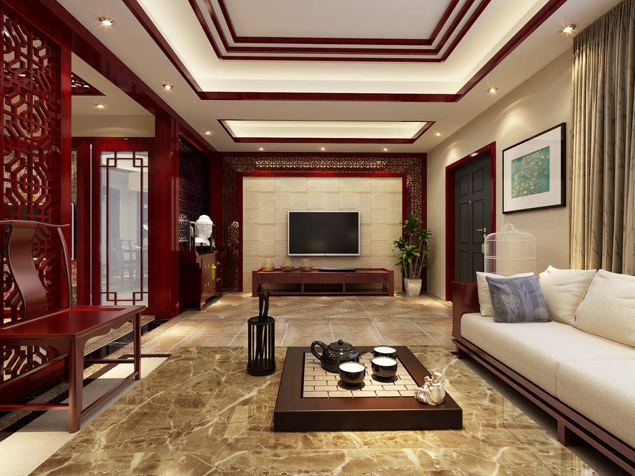 点击大图看下一张：中式客厅沙发电视柜茶几电视背景墙装修案例