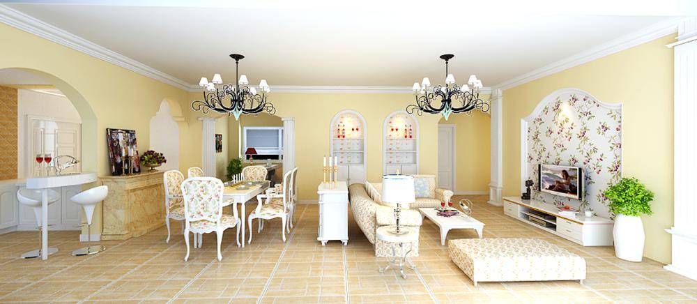 点击大图看下一张：田园餐厅吊顶电视背景墙效果图