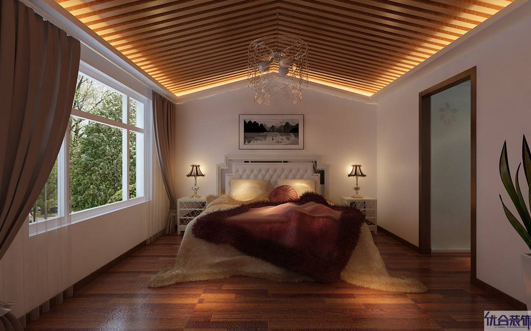点击大图看下一张：现代简约卧室跃层吊顶窗帘设计方案
