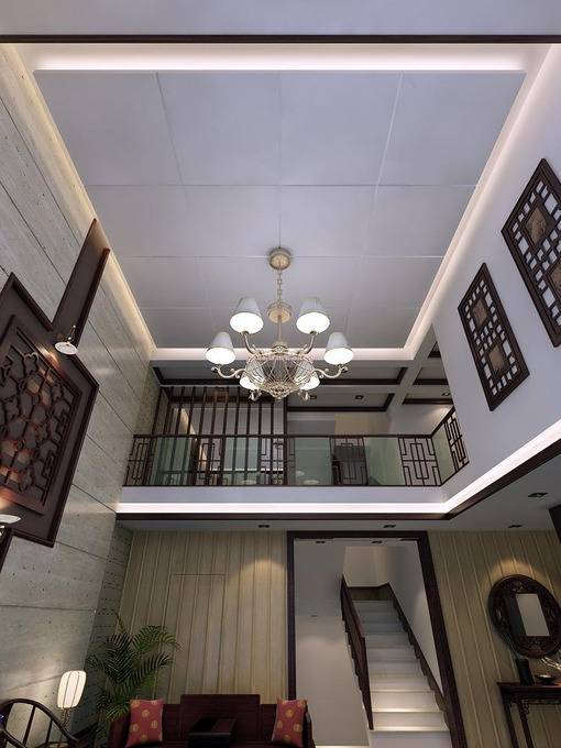 点击大图看下一张：中式客厅吊顶楼梯效果图