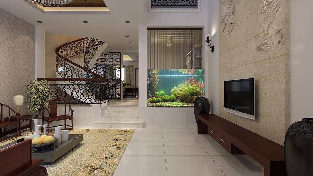 点击大图看下一张：中式客厅吊顶楼梯电视背景墙设计方案