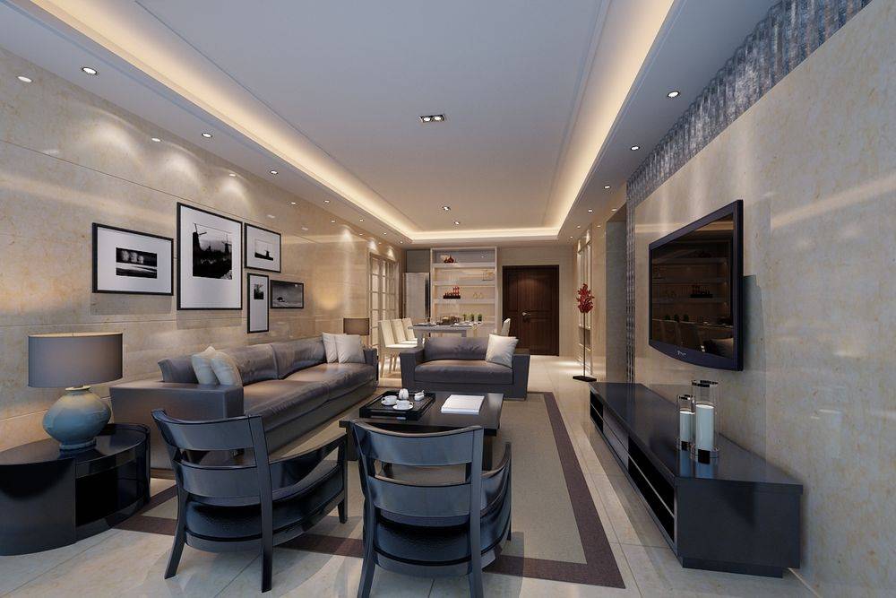 点击大图看下一张：现代客厅沙发电视柜茶几电视背景墙设计案例