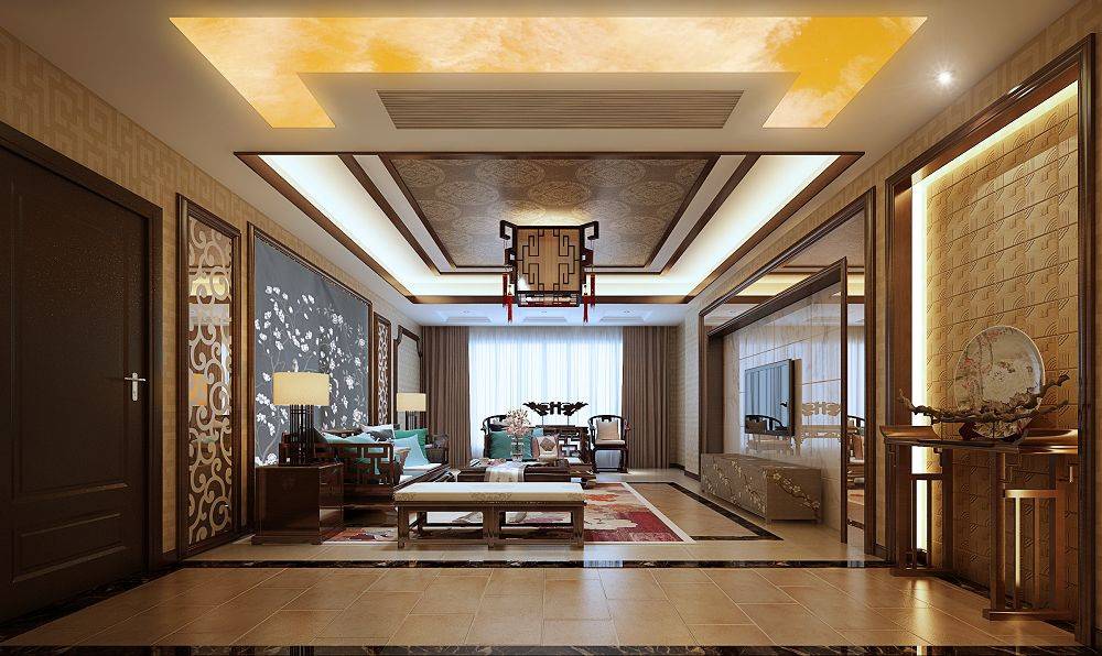 点击大图看下一张：中式客厅吊顶电视背景墙设计方案