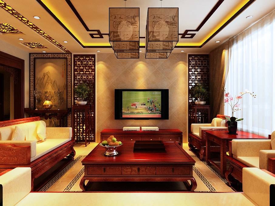 点击大图看下一张：中式客厅吊顶电视背景墙装修案例
