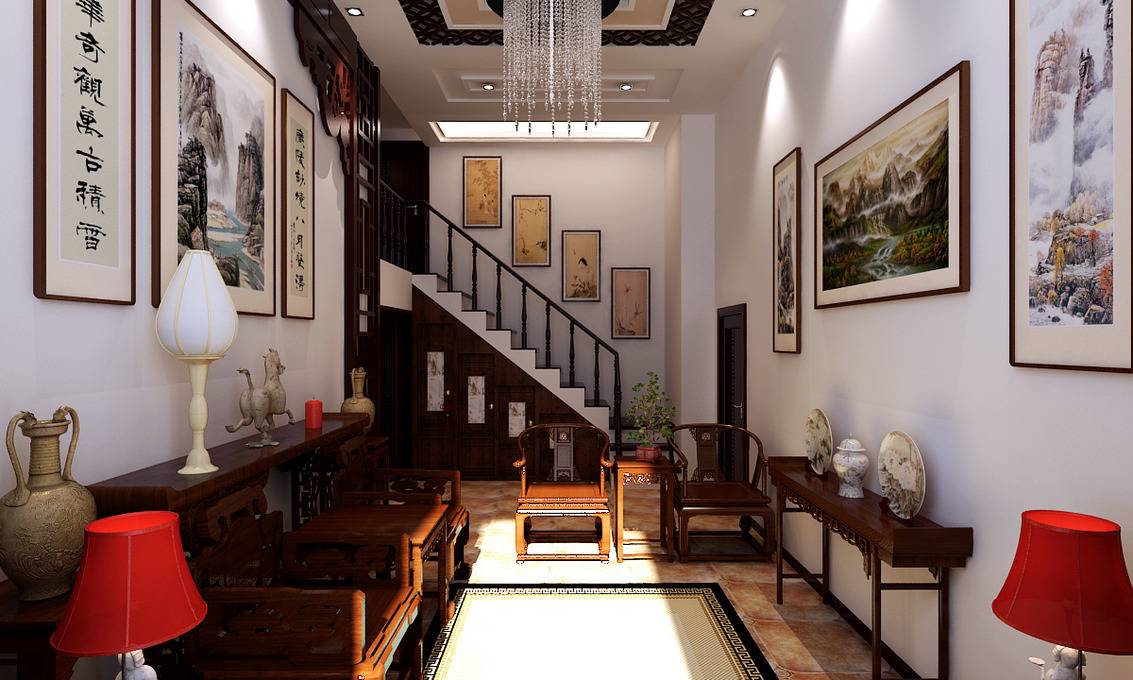 点击大图看下一张：中式客厅复式楼吊顶楼梯图片