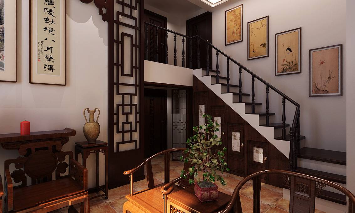 点击大图看下一张：中式客厅复式楼吊顶楼梯设计方案