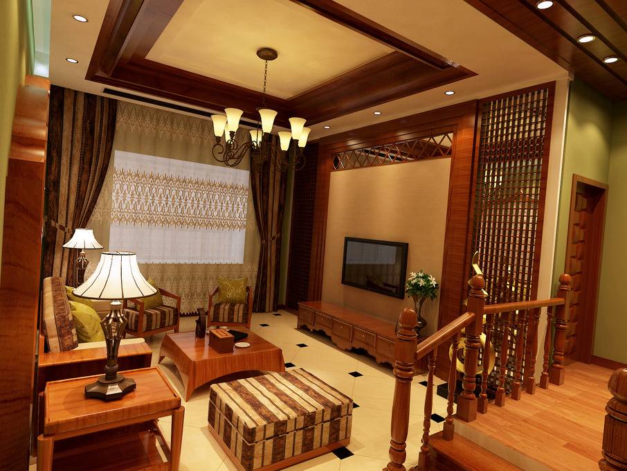点击大图看下一张：东南亚客厅吊顶窗帘楼梯电视柜电视背景墙设计案例展示