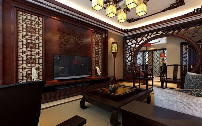 点击大图看下一张：中式中式风格客厅吊顶背景墙电视背景墙装修案例