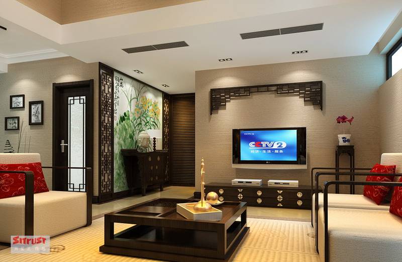 点击大图看下一张：中式中式风格新中式客厅吊顶电视背景墙装修效果展示