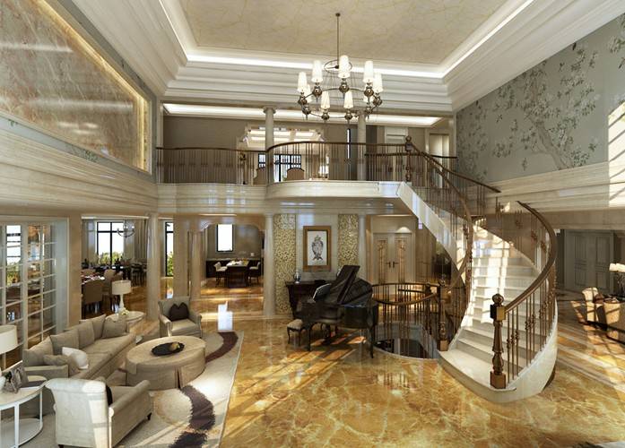 点击大图看下一张：欧式客厅吊顶楼梯设计图