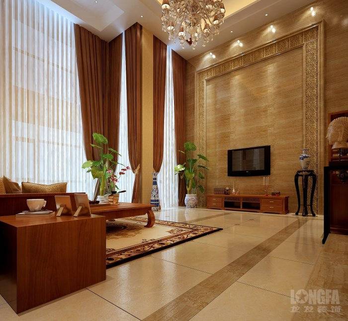 点击大图看下一张：新中式客厅别墅窗帘电视柜电视背景墙效果图