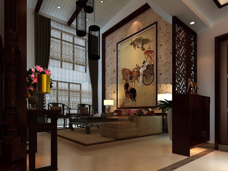 点击大图看下一张：中式客厅背景墙设计方案