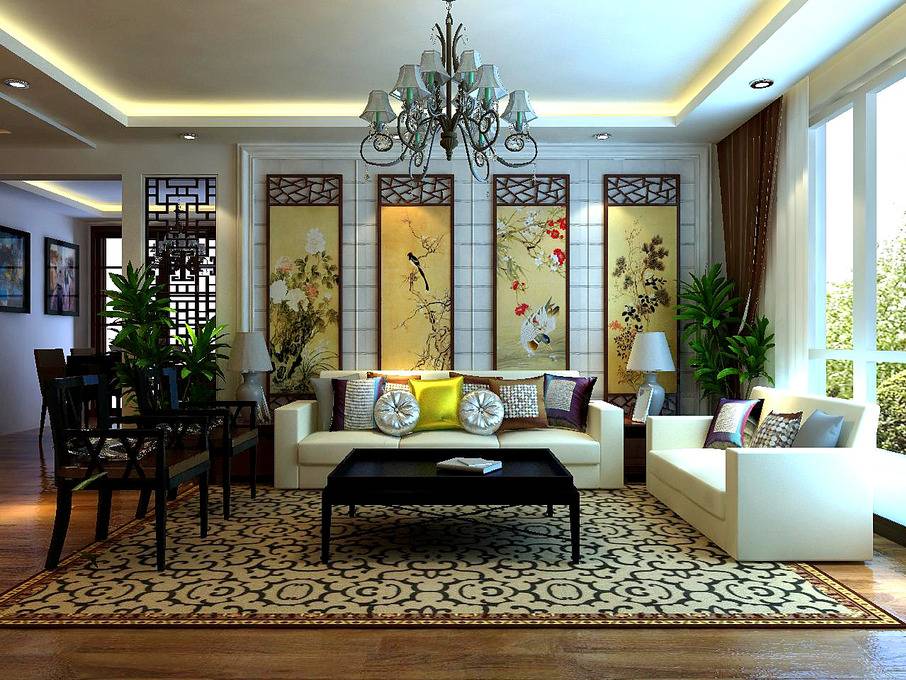 点击大图看下一张：中式客厅吊顶窗帘设计图