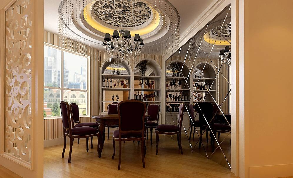 点击大图看下一张：新古典餐厅吊顶酒柜设计方案