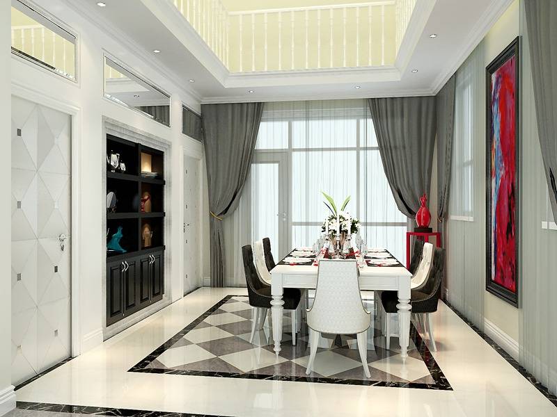 点击大图看下一张：新古典餐厅别墅窗帘设计案例