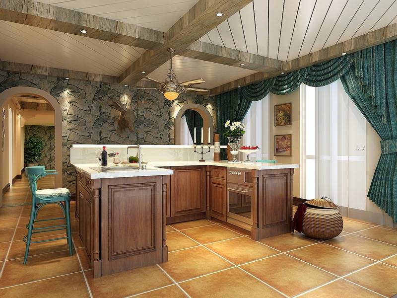 点击大图看下一张：美式厨房吧台别墅窗帘效果图