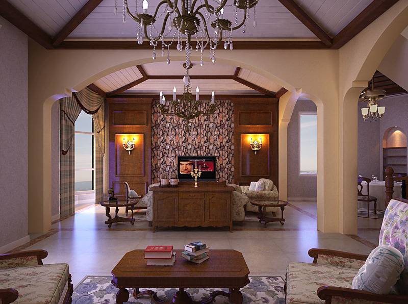 点击大图看下一张：美式客厅吊顶电视背景墙设计案例