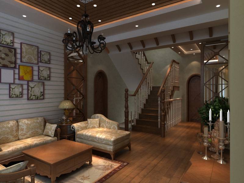 点击大图看下一张：美式客厅吊顶楼梯案例展示