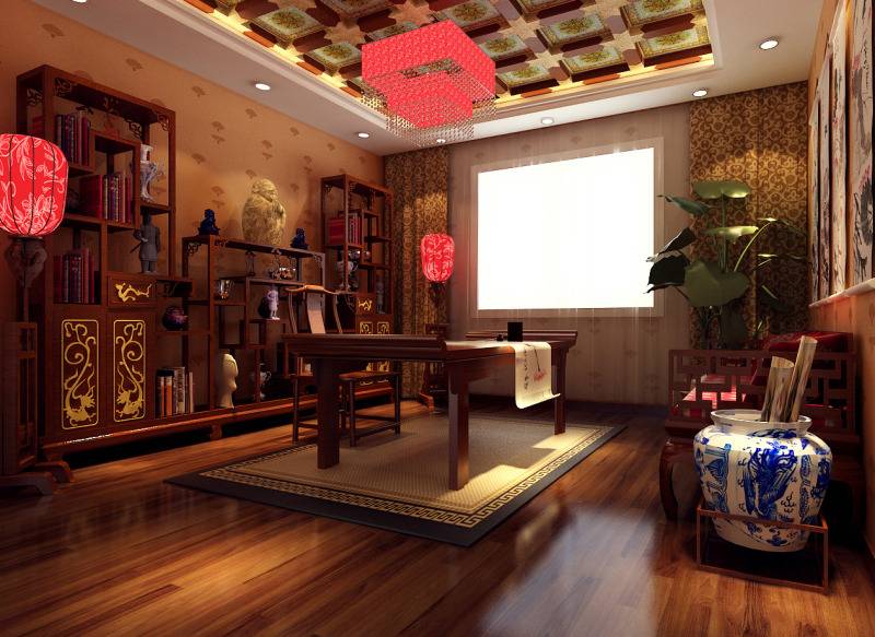 点击大图看下一张：中式书房交换空间吊顶效果图