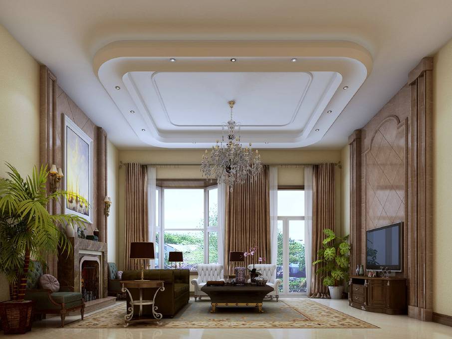 点击大图看下一张：美式美式风格客厅吊顶窗帘装修效果展示