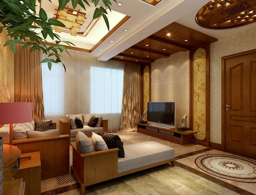点击大图看下一张：中式客厅吊顶电视背景墙设计案例