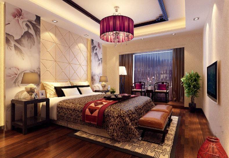 点击大图看下一张：中式新中式卧室吊顶电视背景墙设计案例