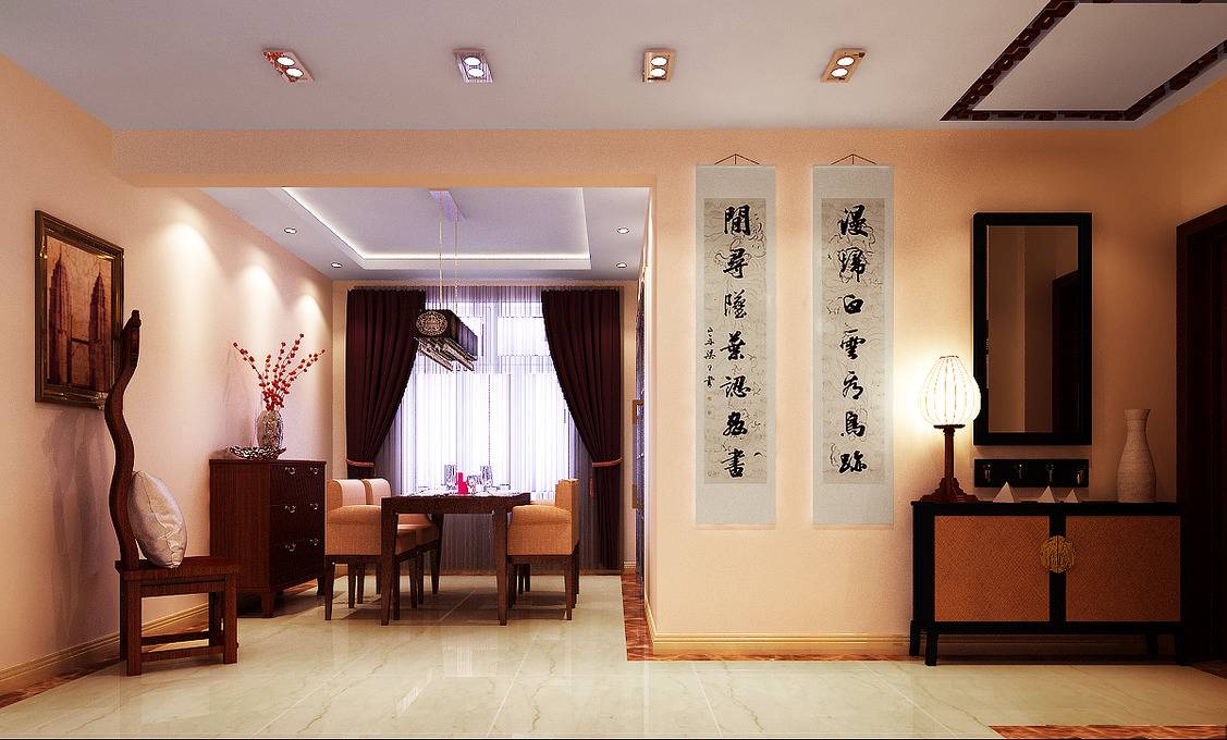 点击大图看下一张：中式餐厅吊顶窗帘案例展示
