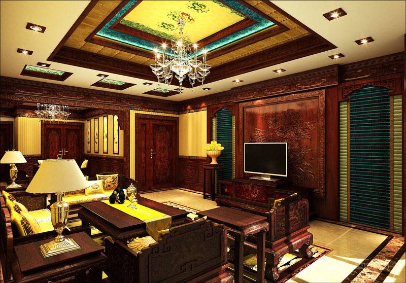 点击大图看下一张：中式客厅吊顶电视背景墙设计案例展示