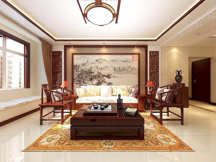 点击大图看下一张：中式客厅吊顶窗帘设计案例