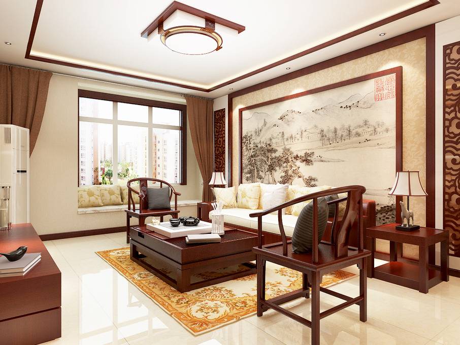 点击大图看下一张：中式客厅吊顶窗帘装修效果展示