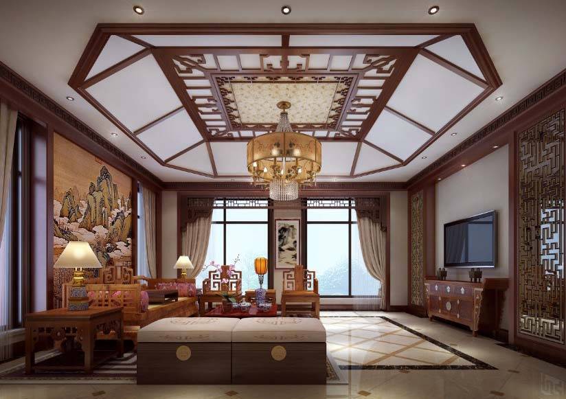 点击大图看下一张：中式中式风格客厅别墅吊顶电视背景墙装修案例