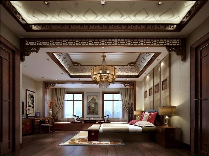 点击大图看下一张：中式中式风格卧室别墅吊顶设计案例