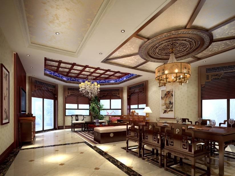 点击大图看下一张：中式中式风格餐厅别墅吊顶效果图