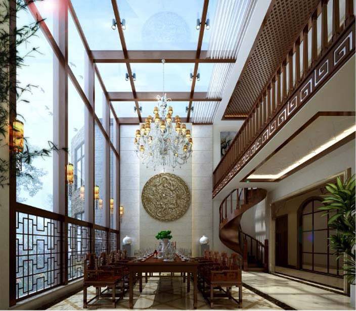 点击大图看下一张：中式中式风格餐厅别墅吊顶装修图