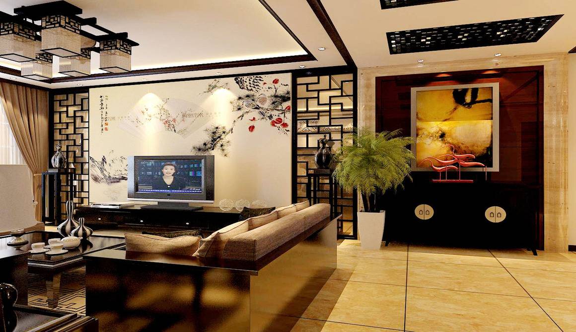 点击大图看下一张：中式客厅吊顶电视背景墙装修图